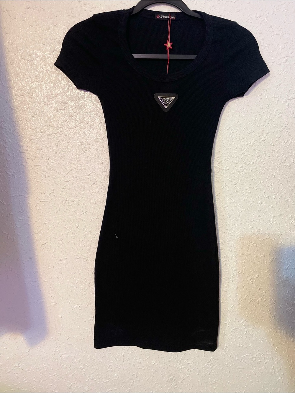 Black Short-Sleeve Mini Dress with Triangle Logo Detail